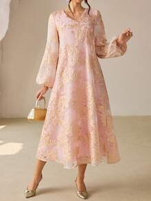 SHEIN Najma New Arrival Jacquard Jacquard Purple Arabic Style Dress For Women - Baby Pink - View 3