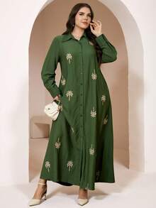 Veilorie Đầm dài tay dáng rộng, cỡ lớn, cài cúc phía trước, kiểu dáng thường ngày. - màu xanh lá - Xem 4