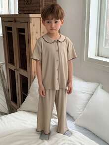 Dazy Kids Young Boy Mandarin Collar Short Sleeve Single-Breasted Top And Pants Pajama Set - Khaki - View 2