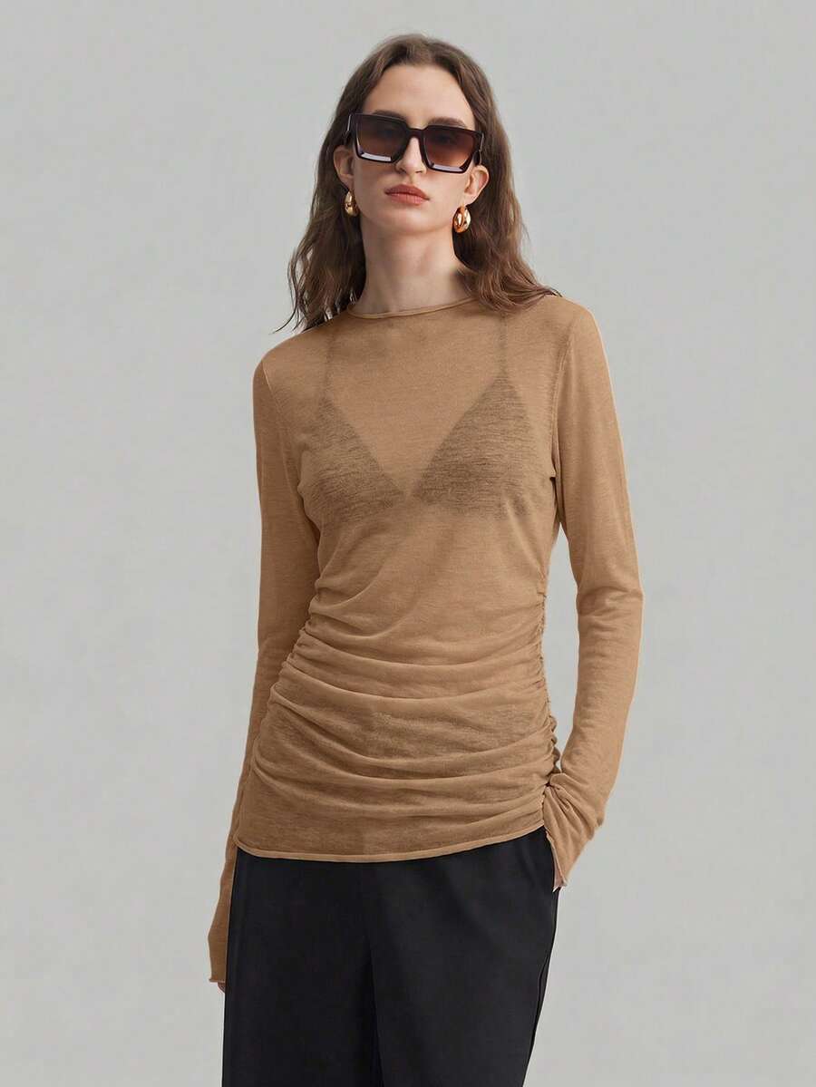 Ontre 女士透视网纱高领长袖上衣，百搭实用，适合都市通勤、商务休闲、约会、度假、婚礼等场合。 - 卡其色 - 查看 1