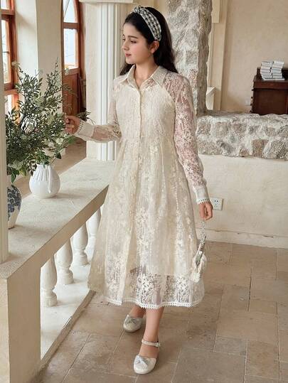 Dazy Kids Tween Girl Lace Patchwork Solid Color Front Button Elegant Long Sleeve Dress