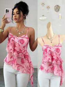 SHEIN Elenzya 印花V领拼接不对称荷叶边下摆女式吊带衫 - 粉色 - 查看 5