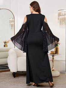 Reflora Plus Size Elegant Party Off-Shoulder Beaded & Sequin Decor Mesh Patchwork Flare Sleeve Dress - Black - View 3