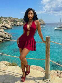 Slaydiva 女士纯色褶皱露背吊带性感迷你连衣裙，适合约会和派对；女士泳衣；收腹Y2K连衣裙；羊毛两件套；令人惊艳的连衣裙 - 酒紅色 - 查看 7