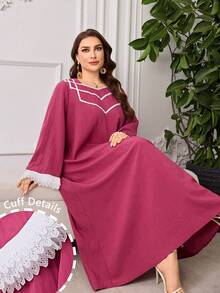 Al Najma Gaun Arab Wanita Model Musim Semi/Panas dengan Leher Bentuk Hati, Lengan Mengembang, Hiasan Renda Berongga di Bagian Bawah, dan Detail Patchwork, Gaun Sopan untuk Wanita - Hot Pink - View 2