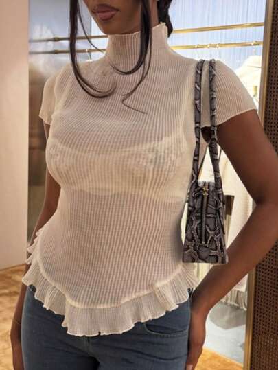 Siren Gaze Women Short Sleeve Mock Neck Ruffle Hem Ribbed Knit Top Cute Semi Sheer Blouse Stylish Mock Neck Sheer Top For Women Short Sleeve Ruffled Blouse Sweet Top See Through Top Seethrough Shirt Mesh Top Ruffle Hem Top Summer Outfits For Women Beach Outfit For Women Going Out Tops Vacation Outfits Women White Top Peplum Top