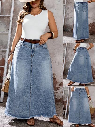 EMERY ROSE 大码女式高腰带口袋休闲毛边牛仔裙