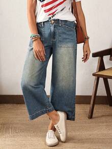 EMERY ROSE Plus Size Loose Straight Leg Jeans With Pockets, Fashion & Versatile - Blue - View 2