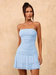 SHEIN BAE Đầm ngắn màu vàng kem trơn, dáng ôm, xếp ly, viền bèo nhún, đầm hè dễ thương, đầm dự tiệc brunch, đầm màu vàng. - Màu xanh nhạt - Xem 6