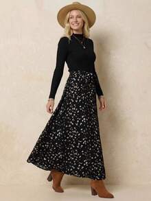 EMERY ROSE 女式花卉印花立领优雅长袖连衣裙 - 黑色 - 查看 3