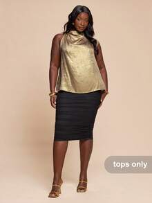 SHEIN BAE Plus Size Women Gold Plunging Neckline Blouse,Elegant Summer Curve Cocktail Office Daily Music Festival Asymmetrical Pleated Fashion Blouse - Gold - View 5