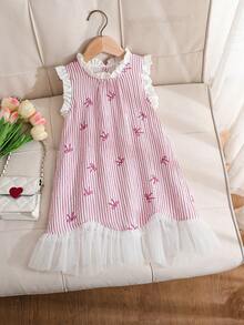 SHEIN 新款夏季女童连衣裙，优雅单件设计，荷叶边领口，无袖撞色网纱裙摆，公主风连衣裙，适合日常穿着、派对、旅行等场合。 - 粉色 - 查看 1