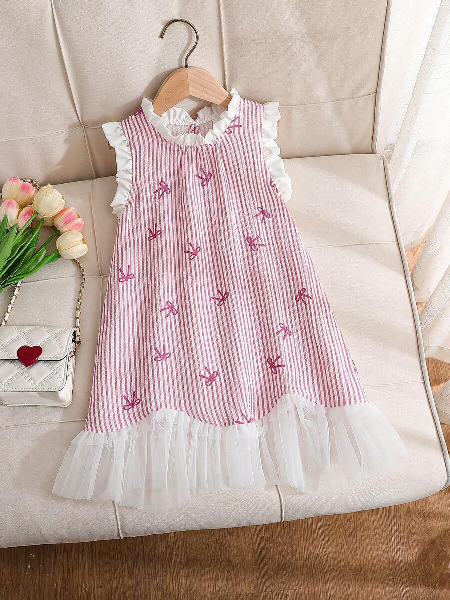 SHEIN 新款夏季女童连衣裙，优雅单件设计，荷叶边领口，无袖撞色网纱裙摆，公主风连衣裙，适合日常穿着、派对、旅行等场合。 - 粉色 - 查看 1