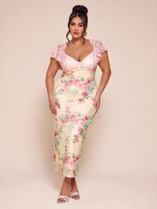 SHEIN BAE 大码女式印花优雅蕾丝拼接连衣裙 - 粉色 - 查看 2