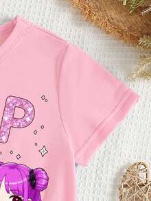 少女春夏休闲时尚创意个性清新可爱简约酷炫虚拟女团人物星星图案字母标语印花休闲基础款短款T恤，舒适日常穿着，温暖的夏秋风格，适合春、夏、秋季穿着，上衣 - 粉色 - 查看 7