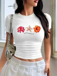 EMERY ROSE 大码女式夏季露脐短袖T恤，饰有芙蓉花图案 - 白色 - 查看 1