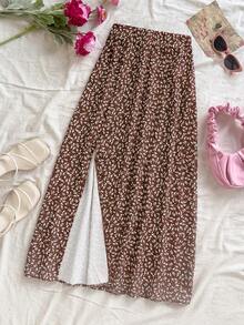 Soleia 女士度假碎花休闲开衩裙 - 咖啡棕 - 查看 6