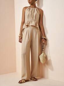 Zivah 2026 Vacation Casual Ruffled Hem Elegant Halter Top And Pants Set - Khaki - View 9