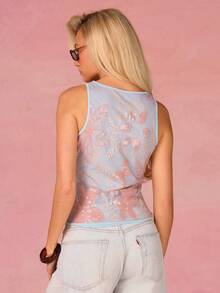 Athîral Women's Light Blue Floral Summer Y2k Party Night Sleeveless Sequined Vest,Casual Vacation Sparkling Floral Top,Suitable For Date And Holiday Wear - Multicolor - View 2