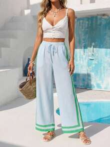 Coeurva 女士休闲优雅日常条纹印花长裤，蓝色女士长裤，春夏款 - 藍色 - 查看 14