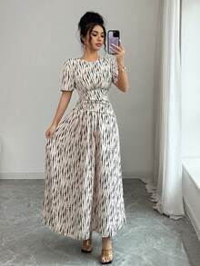 Elenzga Women's Fashionable Full Print Dress For Summer - Apricot - View 5