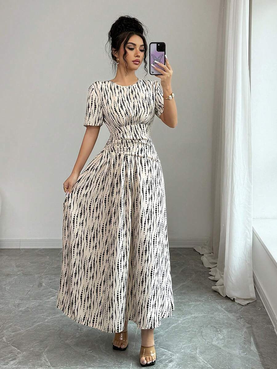 Elenzga Women's Fashionable Full Print Dress For Summer - Apricot - View 1