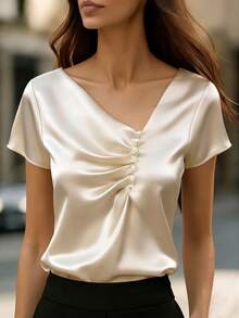 Franclia 女士纯色不对称领短袖衬衫 - 白色 - 查看 7