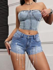 SHEIN PETITE Women's Rhinestone Tassel Design Pocket Fashionable Denim Shorts - Medium Wash - View 3