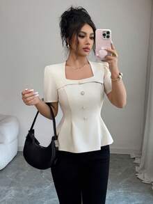 Selianne Chemise à manches courtes plissée à boutons, couleur unie, à la mode et polyvalente pour femme, idéale au quotidien. - Nude - Voir 5