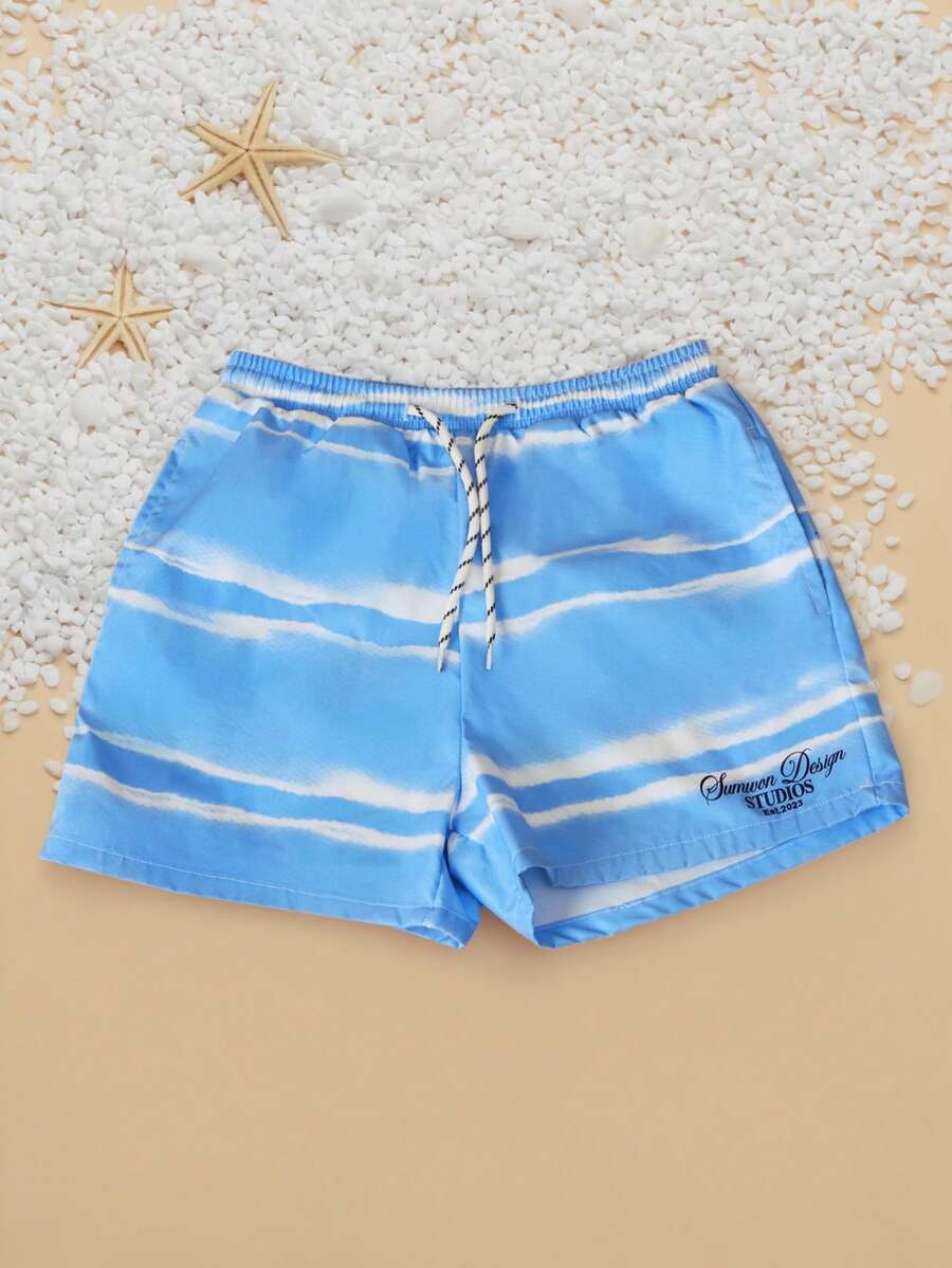 SUMWON 男童扎染泳裤，松紧腰带和抽绳设计，夏季海滩泳池度假泳装，青少年儿童热带假日泳裤 - 藍色 - 查看 1