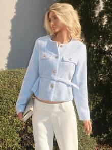 Sydney Algeri 粗花呢面料，收腰装饰，优雅精致百搭时尚设计女式夹克 - 藍色 - 查看 1