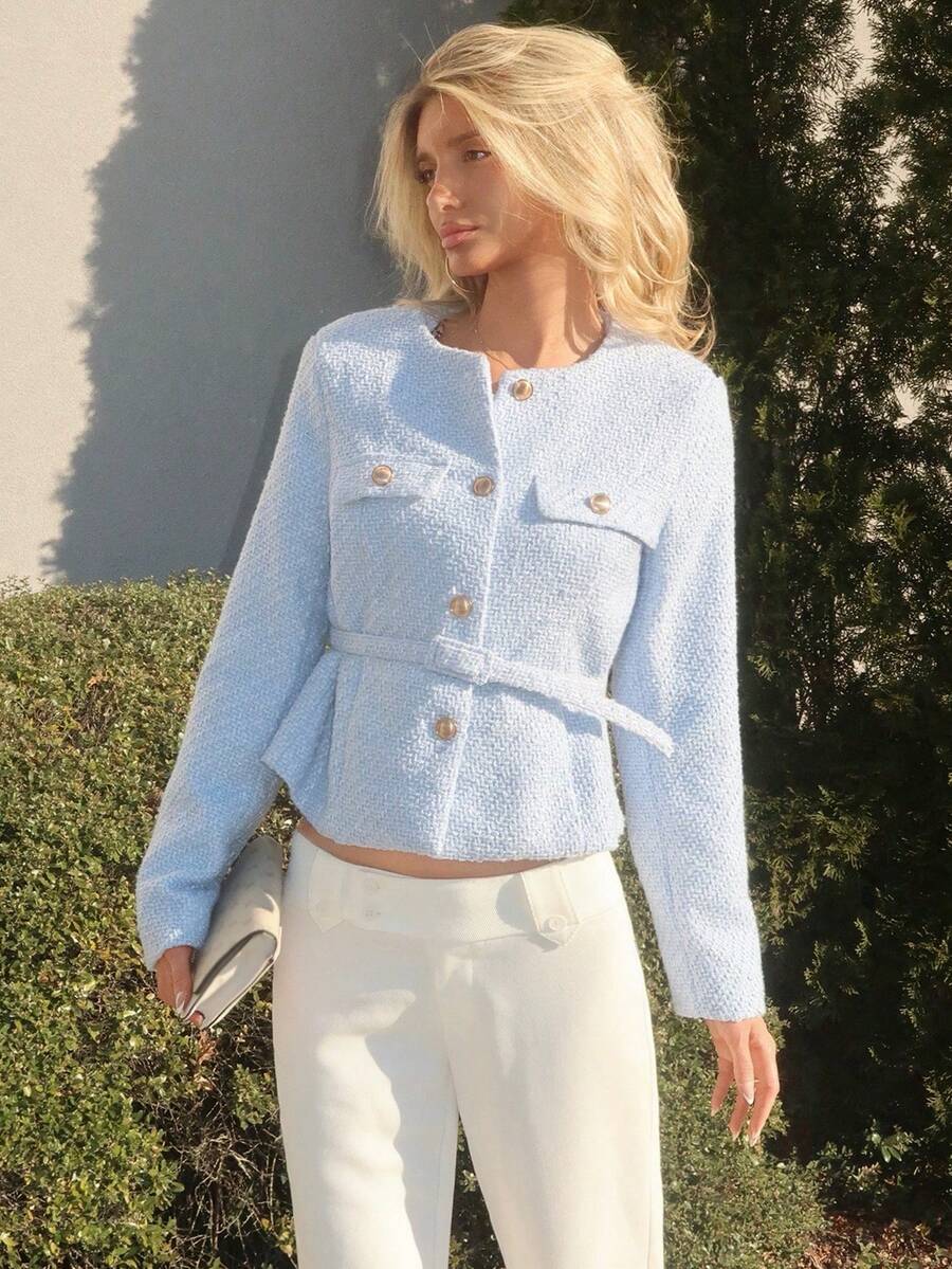 Sydney Algeri 粗花呢面料，收腰装饰，优雅精致百搭时尚设计女式夹克 - 藍色 - 查看 1