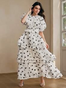 Anewsta Spring/Summer New Retro Black & White Polka Dot Print Party Puff Sleeve Crop Top + High Waist A-Line Peplum Skirt Women 2-Piece Set - Black and White - View 3
