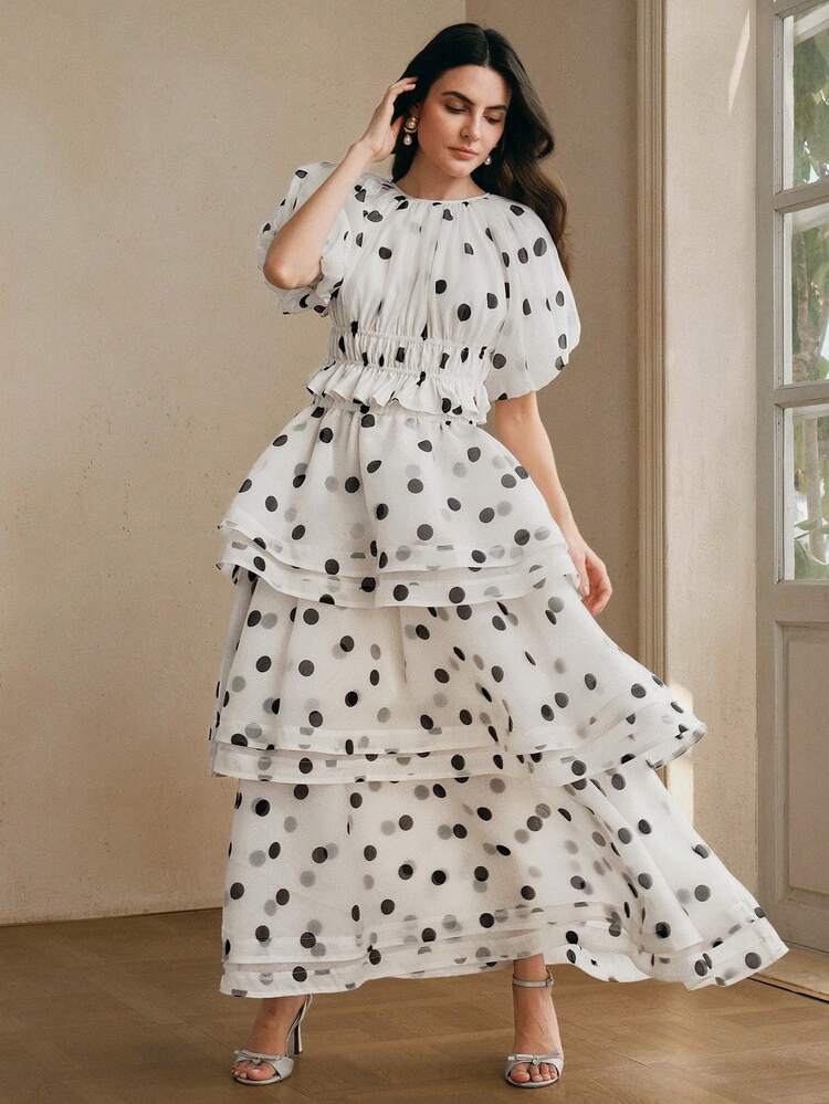 Anewsta Nuevo conjunto de 2 piezas de primavera/verano con top corto de manga abullonada y estampado de lunares en blanco y negro + falda de línea A con volante de cintura alta para mujer - Blanco y Negro - Añade 3