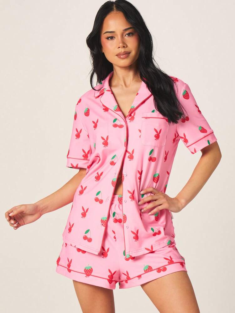Missguided x Playboy Women's Fruity Bunny Print Pajama Set Button Up Top Short Sleeve Shorts Sleepwear Set