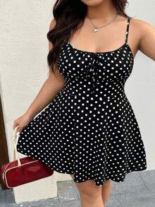 GalTyme 大码夏季休闲波点印花吊带连衣裙 - 黑與白 - 查看 3