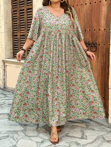 SHEIN CURVE+ Váy nữ dáng ôm US22, thích hợp cho lễ hội âm nhạc, kỳ nghỉ biển, phong cách bohemian, cổ chữ V, xếp ly, thích hợp mặc hàng ngày đi nghỉ mát. - Nhiều màu - Xem 9