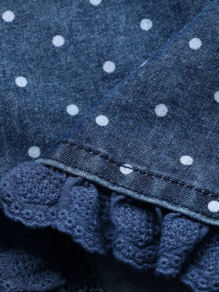 Young Girl Fashionable Unique Ruffle Sleeve Polka Dot Denim Dress