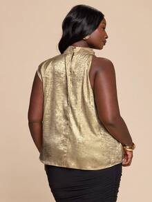 SHEIN BAE Plus Size Women Gold Plunging Neckline Blouse,Elegant Summer Curve Cocktail Office Daily Music Festival Asymmetrical Pleated Fashion Blouse - Gold - View 2
