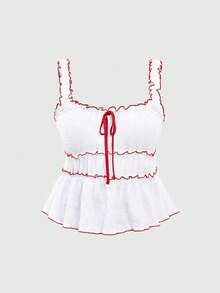 Sweetness Plus Size Sweet Contrast Color Ruched Waist Bubble Fabric Camisole For Women, Spring/Summer - Red and White - View 1