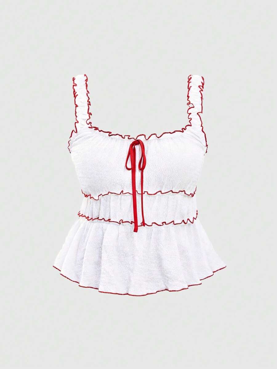 Sweetness Plus Size Sweet Contrast Color Ruched Waist Bubble Fabric Camisole For Women, Spring/Summer - Red and White - View 1