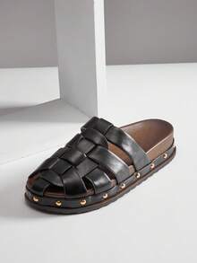 Solezae Women's Vintage Roman Style Woven Slip-On Flat Clogs - Black - View 7