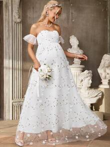 SHEIN 孕妇植物刺绣装饰露肩优雅连衣裙 - 白色 - 查看 8