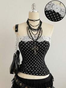 Attitoon Blusa de mujer con estampado de lunares vintage, parches y encaje, adecuada para primavera, fiestas, Pascua, salir, color negro, para volver al colegio, con estilo vintage, sexy, linda, Y2K, estilo coco, bohemio, hippie, festivales de música, fiestas - Negro - Ver 5