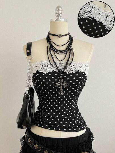 Attitoon Summer Vintage Polka Dot Patchwork Lace Trim Women Top, Spring Women , Party Top, Easter , Going Out Top , Black Top , Suitable For Back To School, Vintage, Sexy, Cute, Y2K, Coconut Girl, Boho, Hippie, Music Festival, Party