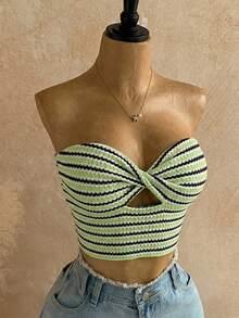 Soleia Women's Vacation Striped Twist Design Cropped Bandeau Top - Mint Green - View 5