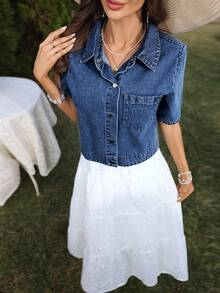 SHEIN Tall Women's Short Sleeve Single-Breasted Casual Pocket Denim Shirt, Tall Women - Blue - View 9