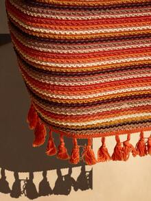 SHEIN ICON Women's Plus Size Summer Holiday Bohemian Burnt Orange Colorful Striped Knit Dress,Retro Boho Elegant Vacation Backless Tie-Up Tassel Bodycon Dress - Multicolor - View 5