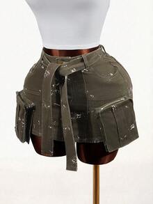 SHEIN Chân váy denim thời trang có túi khóa kéo dành cho nữ - xanh quân đội - Xem 6