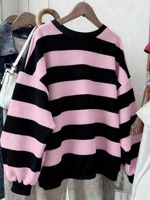 Resyla Áo sweatshirt cổ tròn in sọc cổ điển dành cho nữ, thiết kế thanh lịch, phù hợp cho mặc hàng ngày, đi du lịch ngoài trời, thoải mái khi mua sắm. - Màu Hồng baby - Xem 2